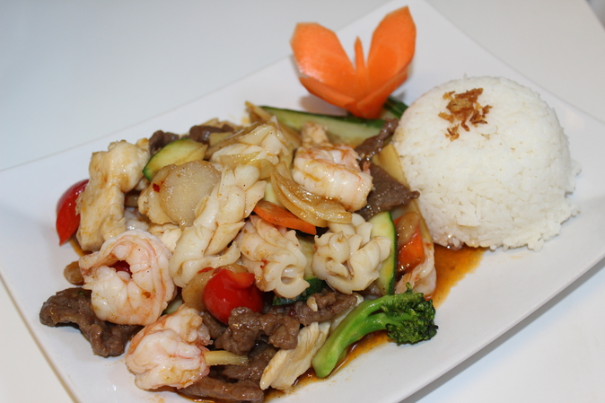 Number 75 on the Menu with Beef and Chicken, Stir-fried Octopus with mixed vegetables